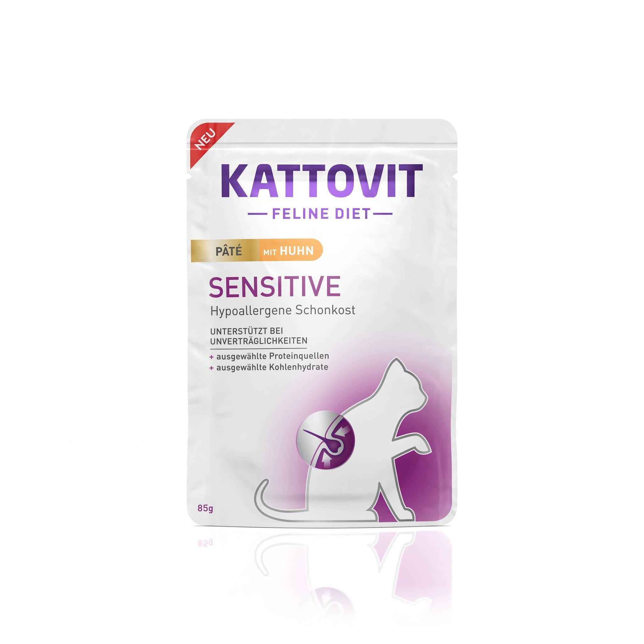 Busta di Kattovit Sensitive Paté Huhn. Scritta bianca, viola e gialla. Silhouette di gatto. Etichetta "NEU".