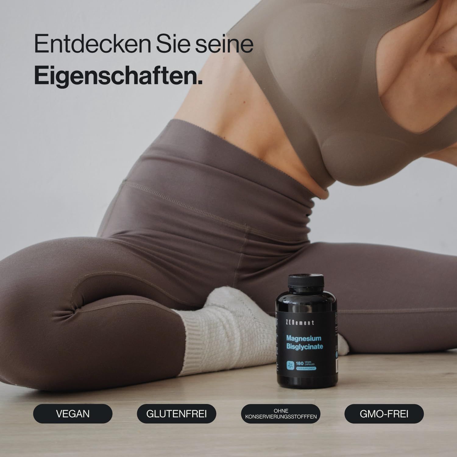 Flacone nero di capsule di magnesio bisglicinato Zenement. Vegano, senza glutine, senza conservanti, senza OGM.