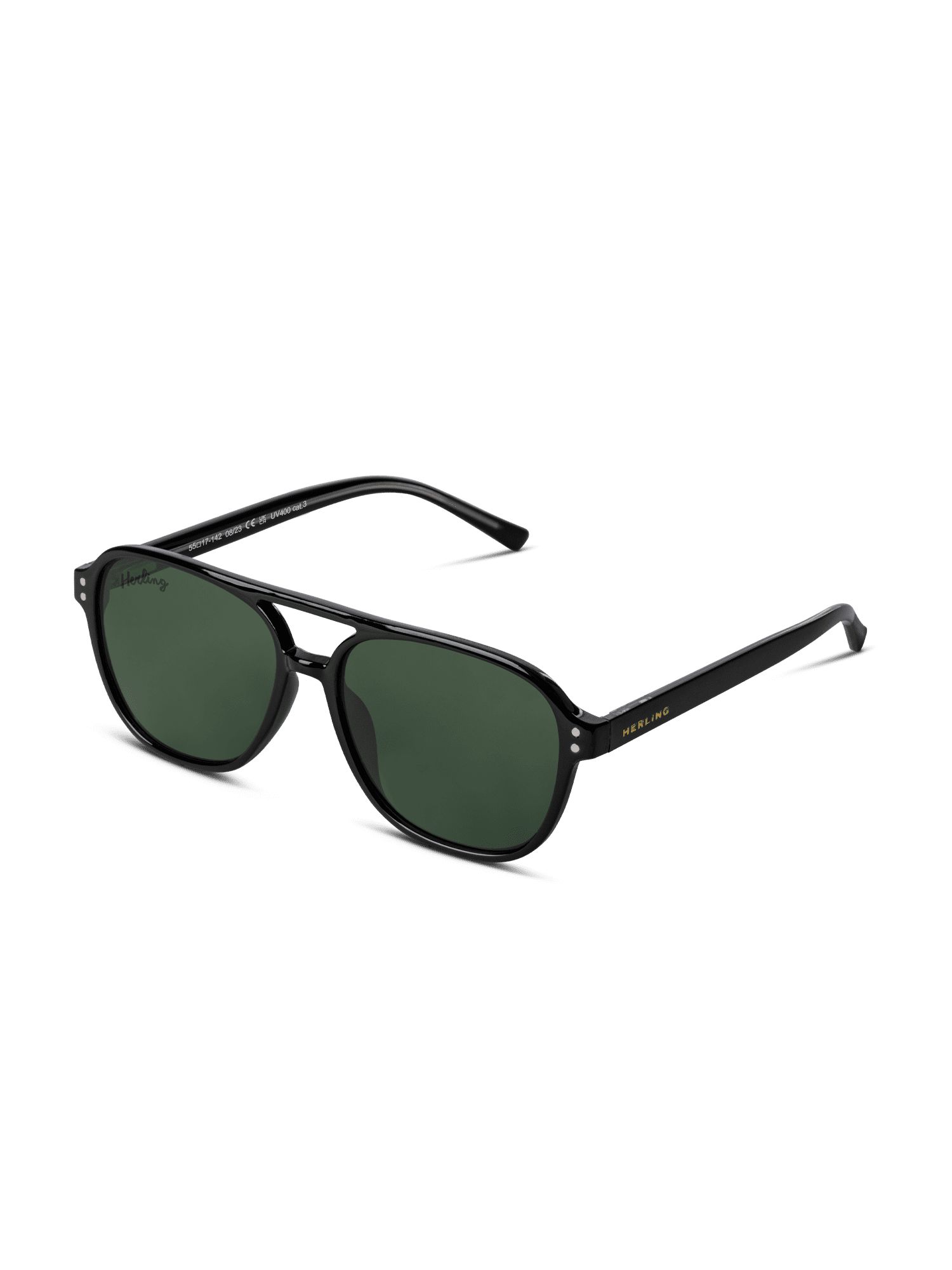 Occhiali da sole neri, lenti verdi, marchio Herling. Forma aviator. Vista prospettica.