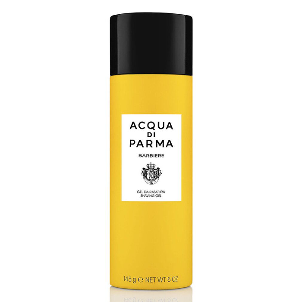 Flacone di gel da barba giallo e nero. Scritta: Acqua di Parma, Barbiere, Gel da Rasatura, 145 g NET WT 5 OZ.