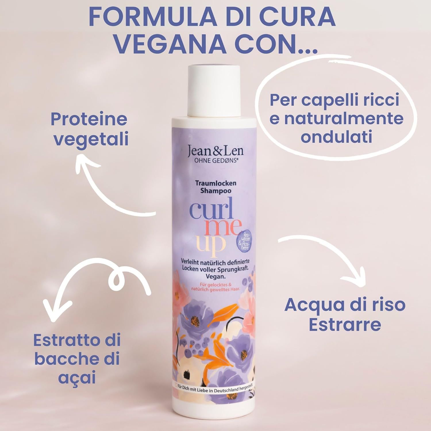 Flacone di shampoo. Testo: Formula di cura vegana con... Proteine vegetali, Estratto di bacche di açaí, Per capelli ricci e naturalmente ondulati, Acqua di riso Estrarre.