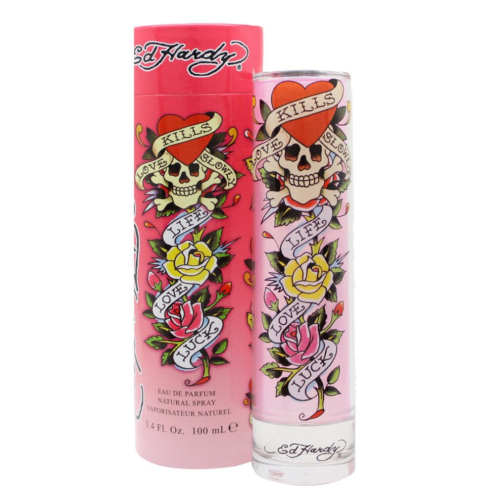 Flacone e scatola Ed Hardy Femme Eau de Parfum con motivo teschio e rose.