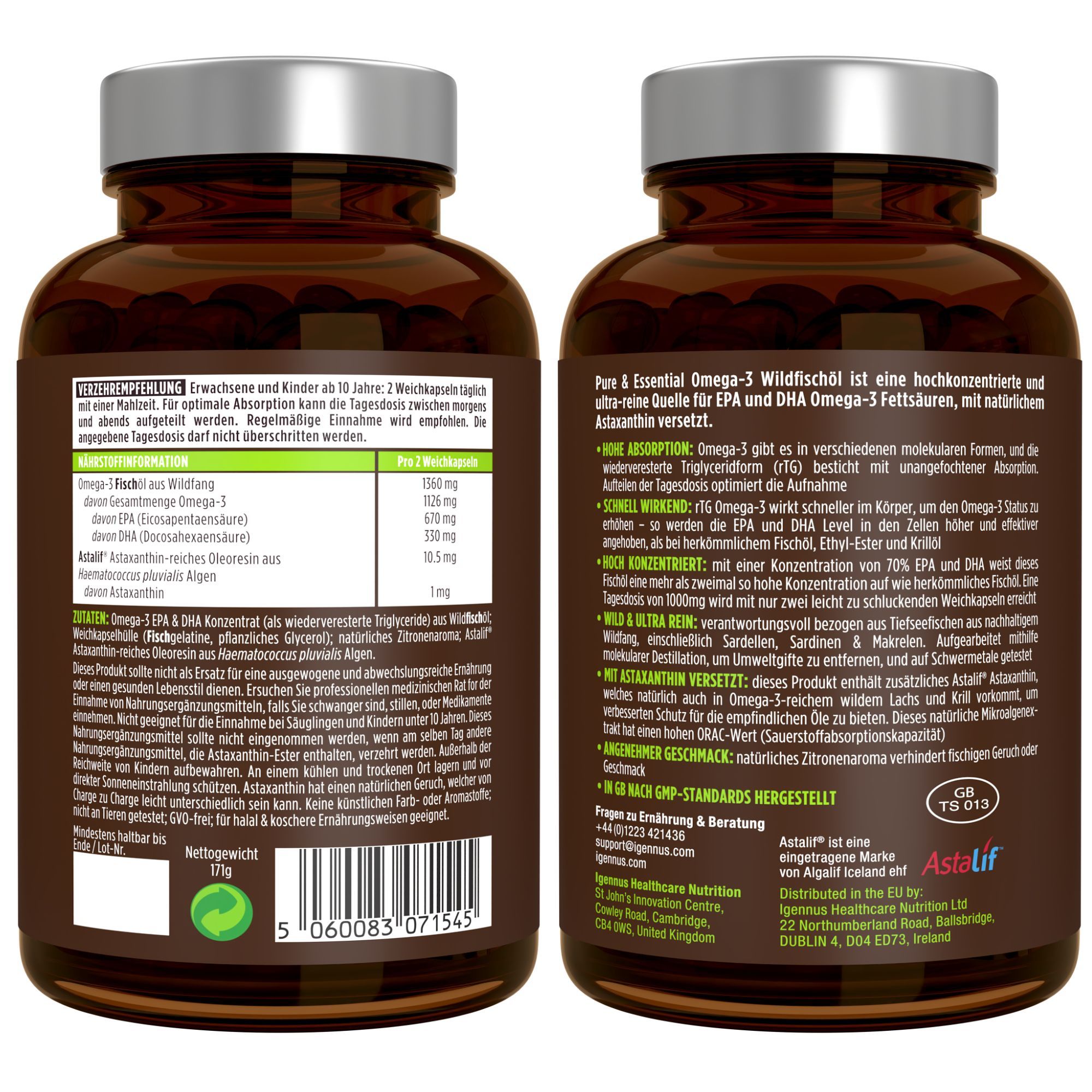 Etichetta della bottiglia con informazioni nutrizionali, ingredienti e dosaggio. Logo IFOS e Der Grüne Punkt.