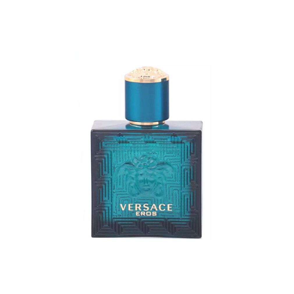 Flacone turchese con motivo in rilievo e tappo dorato. Scritta Versace Eros.