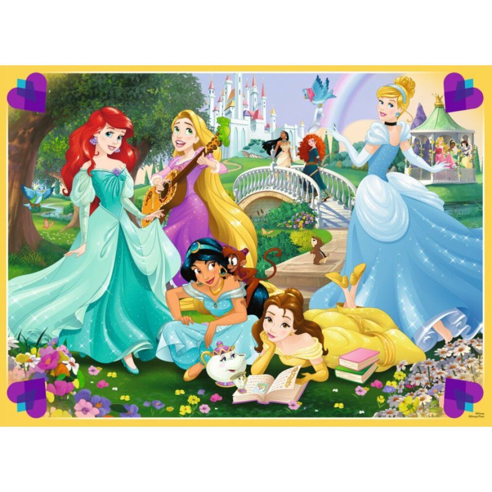 Puzzle con principesse Disney. 100 pezzi XXL. Diverse principesse in un paesaggio di giardino. Cornice gialla con decorazioni a cuore.