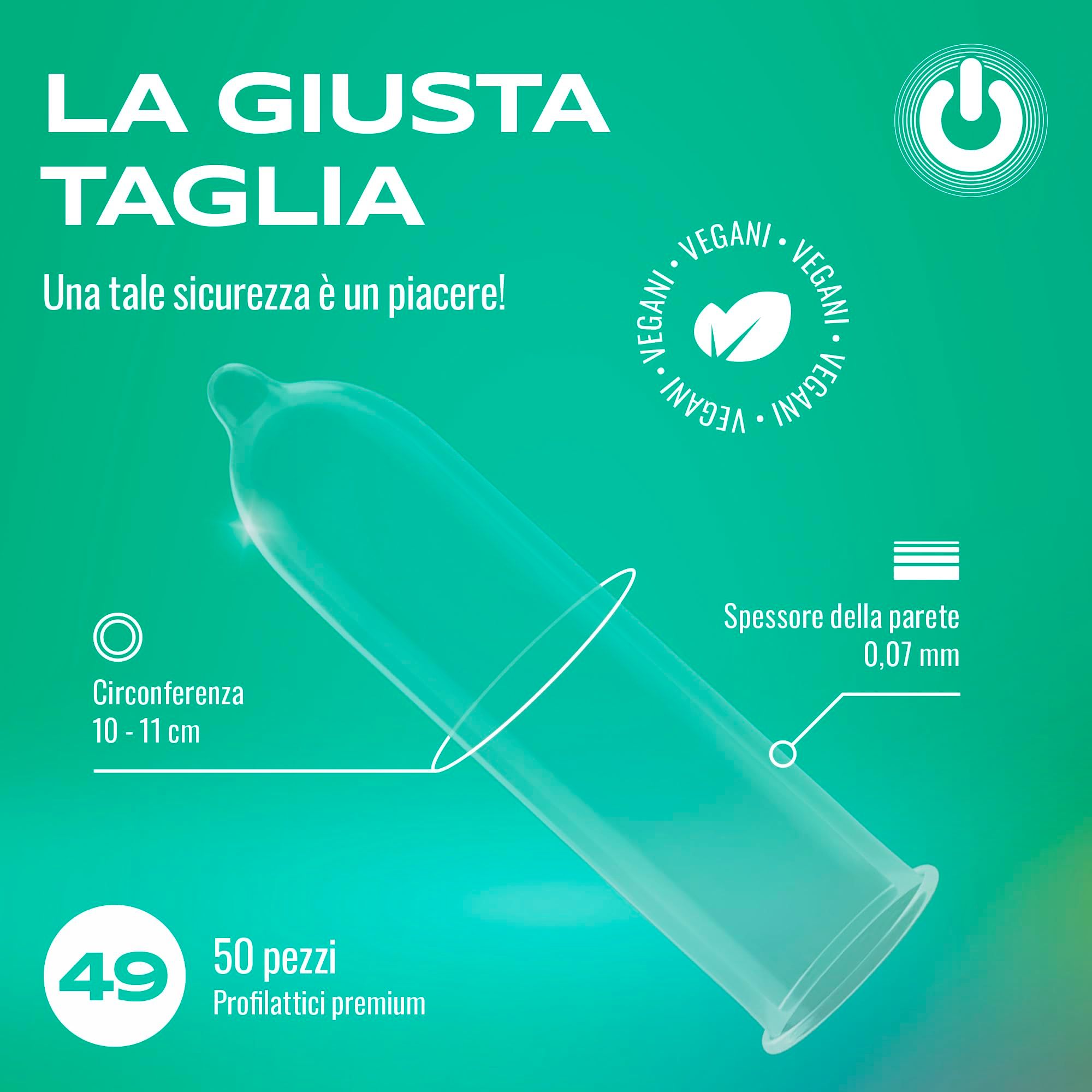 Un singolo preservativo ONsize, 49mm, spessore 0,07mm, vegano.