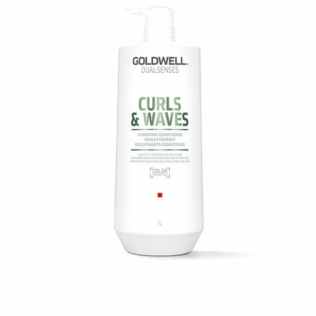 Flacone bianco con dosatore. Scritta: Goldwell Dualsenses Curls & Waves Conditioner. 1L.