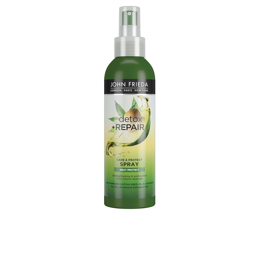 Flacone spray verde con erogatore nero. Scritta: John Frieda, Detox & Repair, Care & Protect Spray. Con olio di avocado e argan.