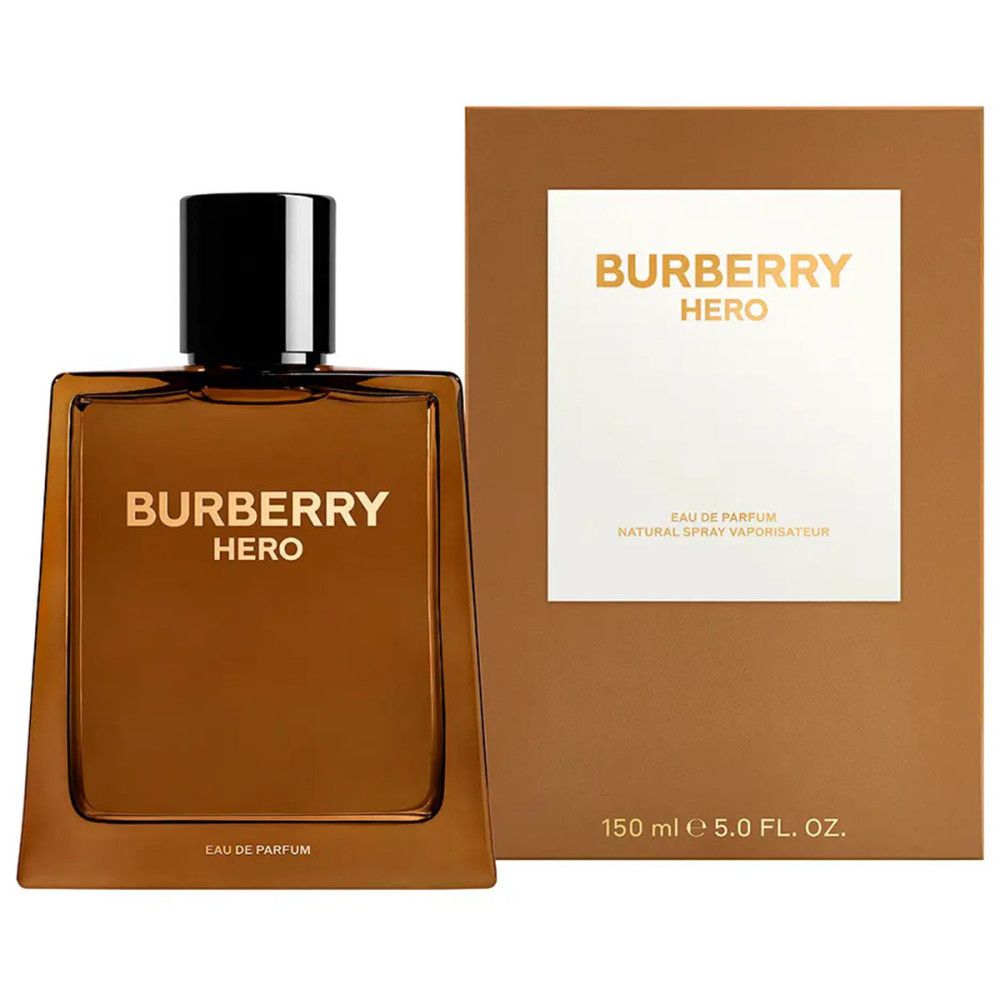 Burberry Hero E.d.P. Nat. Spray. Flacone e confezione. Flacone marrone con tappo nero. 150 ml.