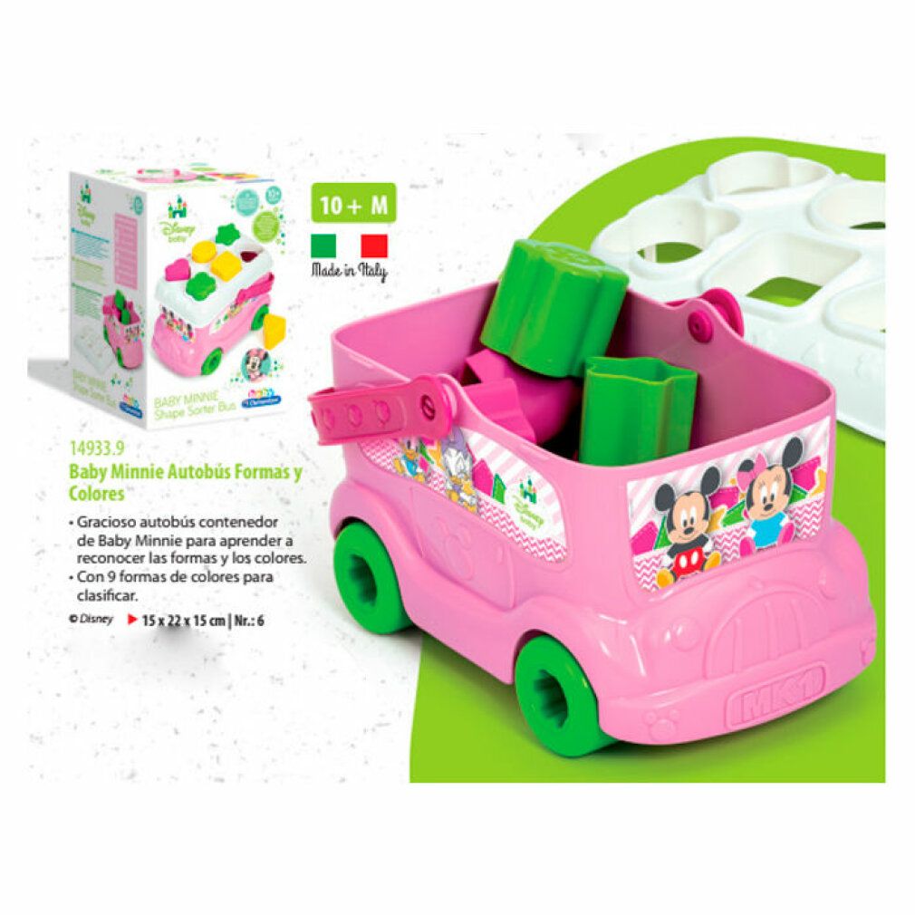 Autobus giocattolo rosa con forme. Forme nell'autobus. Piastra di smistamento forme bianca accanto. Scritta: Minnie Mouse. Ruote verdi. Confezione.