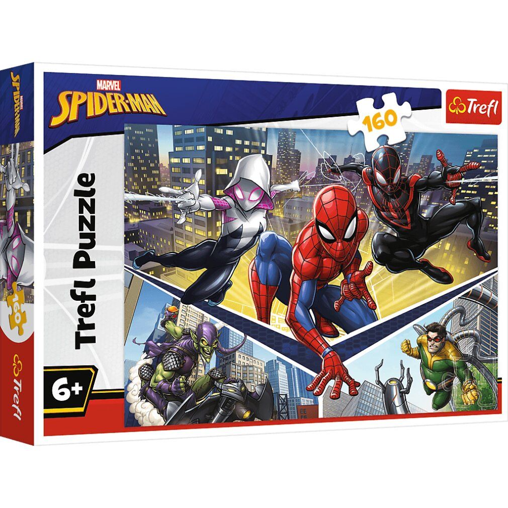 Scatola puzzle Spiderman. Contiene 160 pezzi. Marca: Trefl. Età: 6+. Personaggi: Spiderman, Spider-Gwen, Miles Morales.