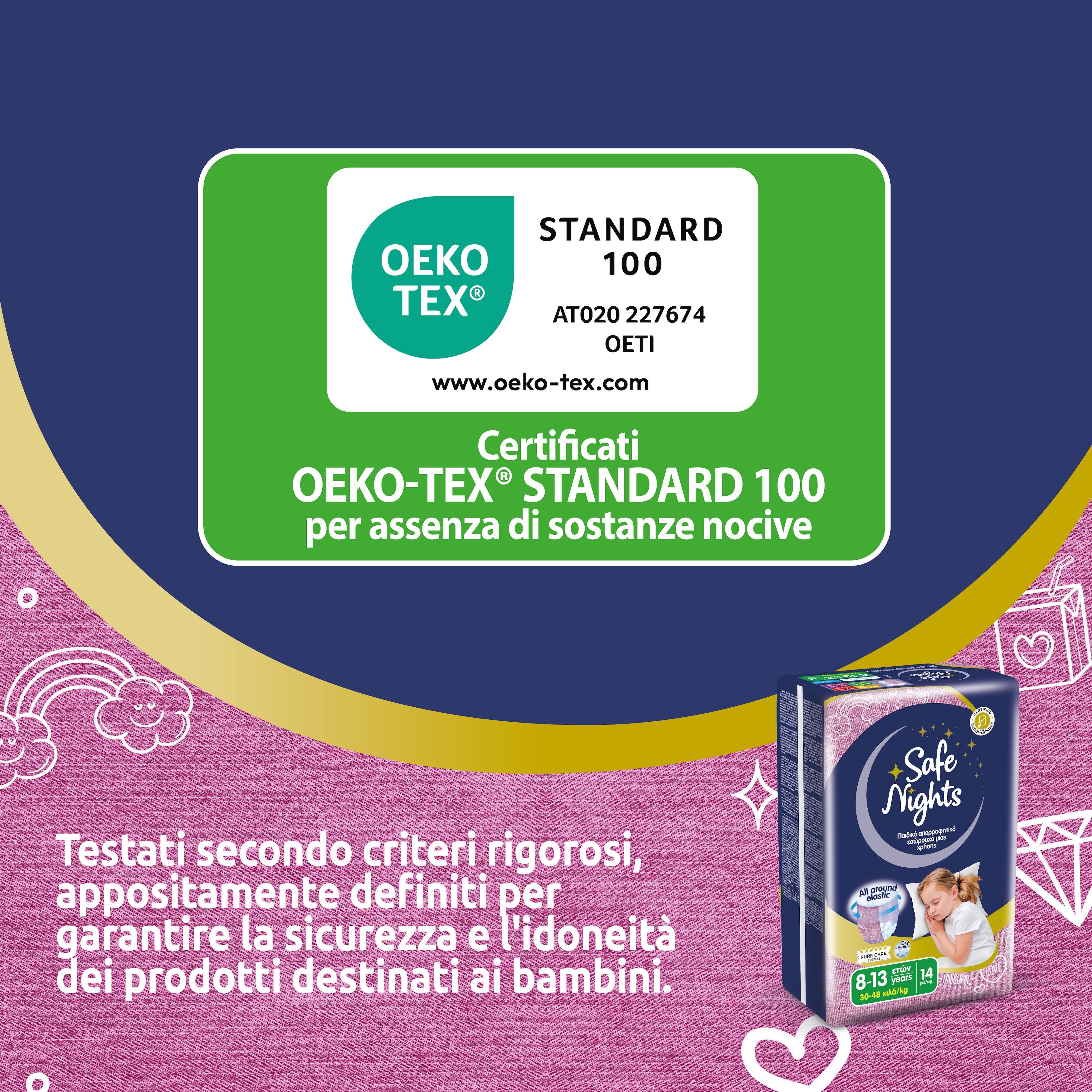 Babylino Safe Nights Girls Pants. Certificazione Oeko-Tex Standard 100. Confezione con immagine. Sfondo verde.
