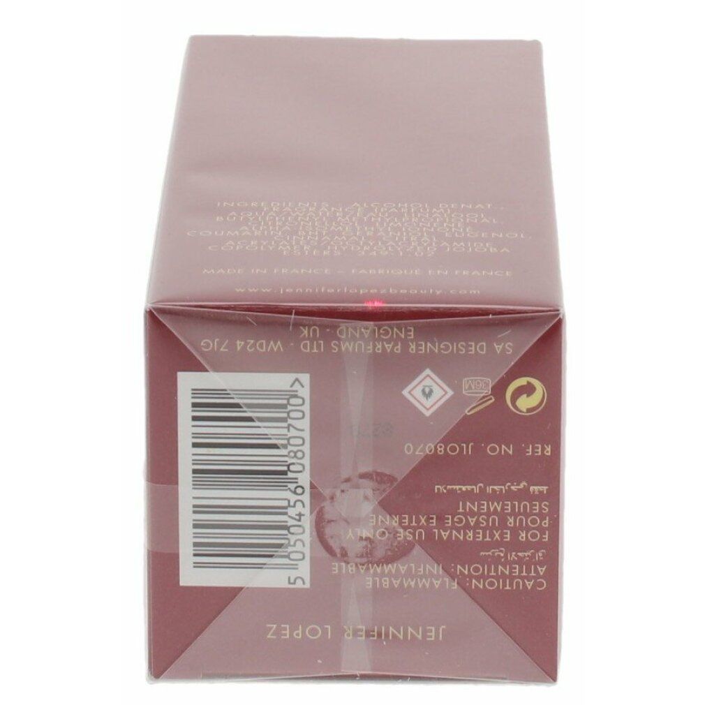 Confezione rettangolare rossa con testo e codice a barre. Scritta: Jennifer Lopez. Pellicola trasparente che avvolge la confezione.