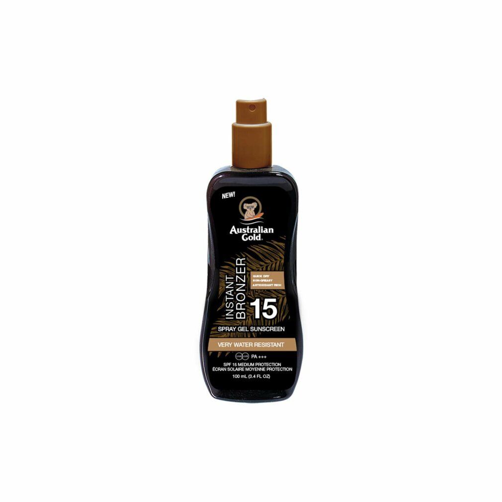 Flacone spray nero con tappo marrone. Scritta: Australian Gold, Instant Bronzer, 15, Spray Gel Sunscreen. Molto resistente all'acqua.