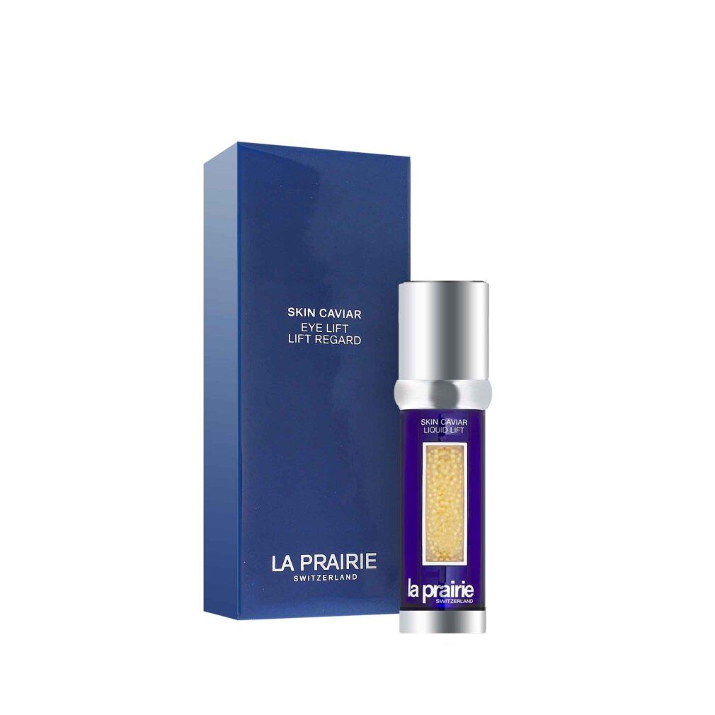 Scatola rettangolare blu e flacone. Flacone con etichetta blu, nome del prodotto e perle visibili. Marchio La Prairie.