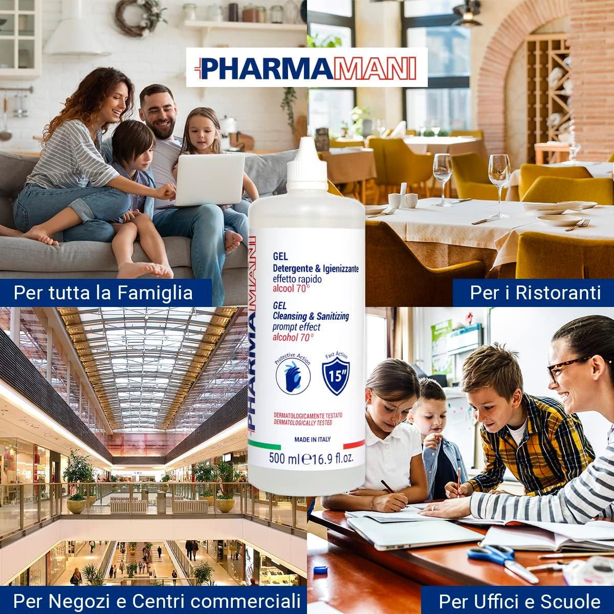 Flacone di prodotto in diversi ambienti: famiglia, ristoranti, negozi, uffici. Gel PHARMAMANI.
