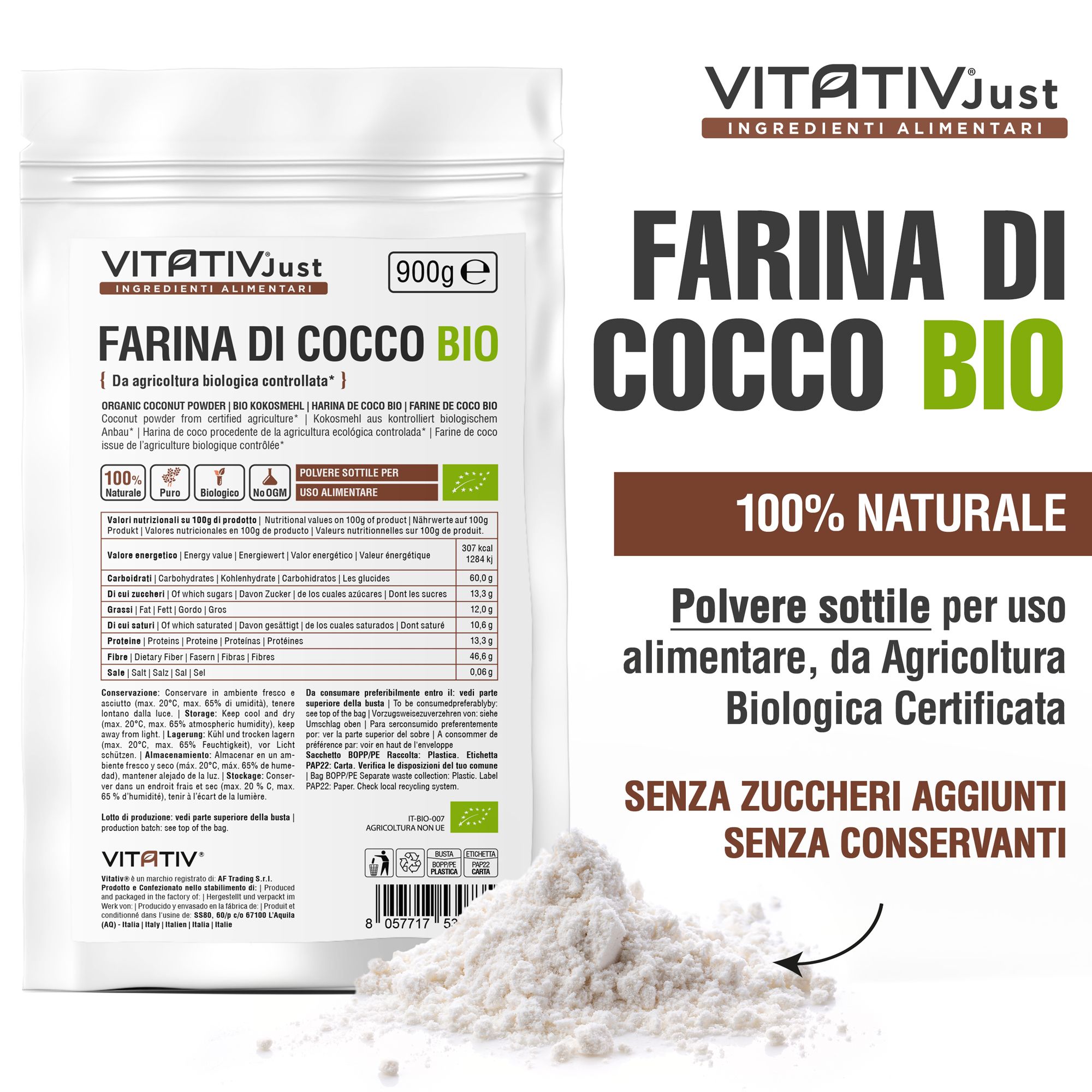 Vitativ® Farina di Cocco da Coltivazione Biologica, Fibre e Sali Minerali, Senza Zuccheri Aggiunti