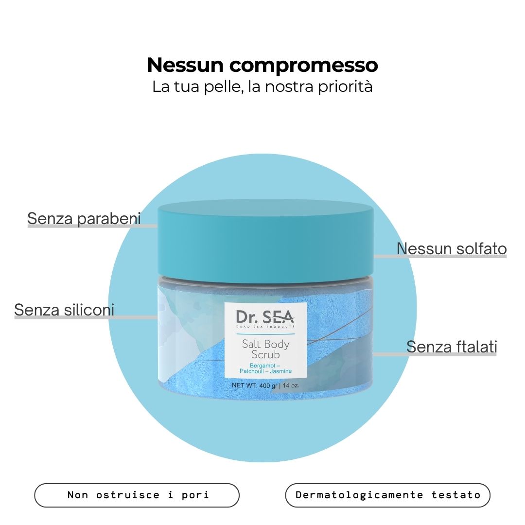 Prodotto con testo: Nessun compromesso. Senza parabeni, solfati, siliconi, ftalati. Nome prodotto visibile.