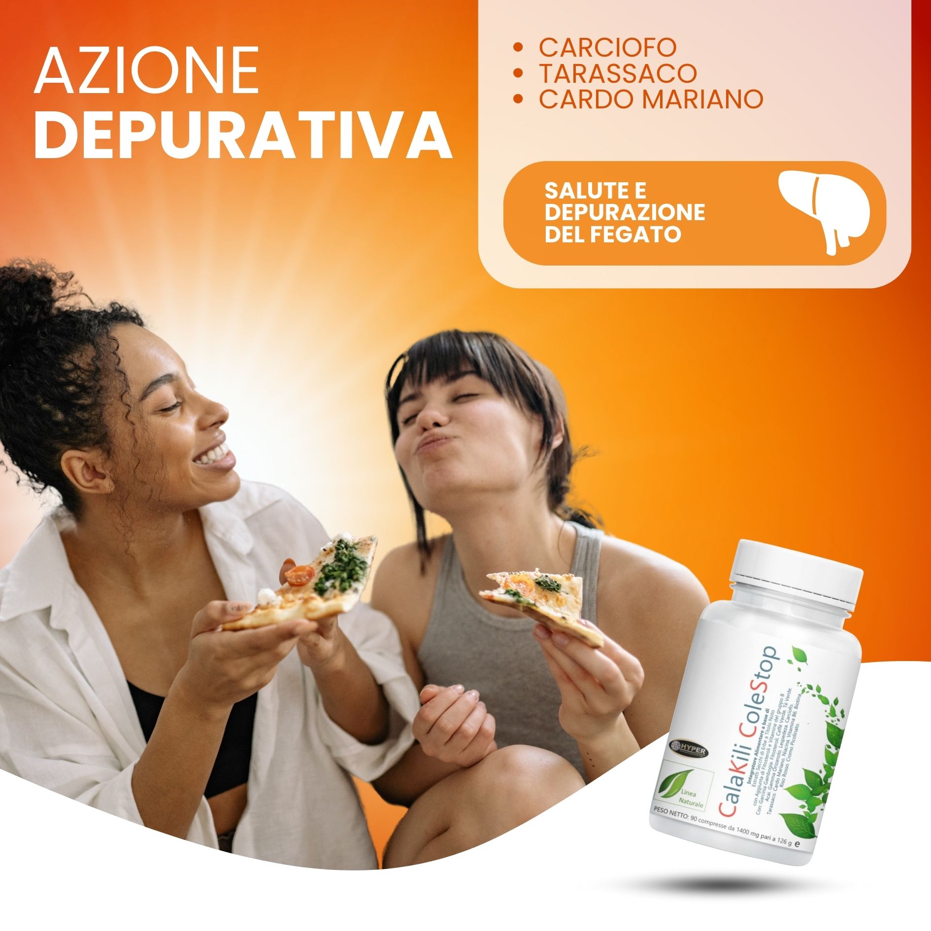 Flacone bianco di capsule. Scritta: CalaKili ColeStop. Due donne mangiano pizza. Testo: Salute del fegato. Sfondo: arancione.