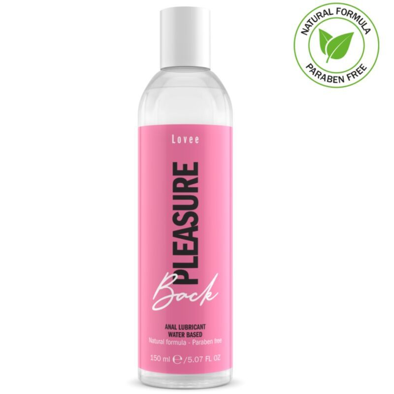 Flacone con etichetta rosa, scritta 'PLEASURE Back' e 'ANAL LUBRICANT WATER BASED'. 150 ml.