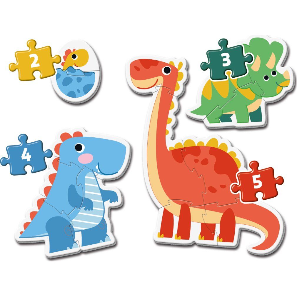 Pezi di puzzle con motivi di dinosauri. Singoli pezzi di puzzle con dinosauri. Numeri sui pezzi. Sfondo: bianco.