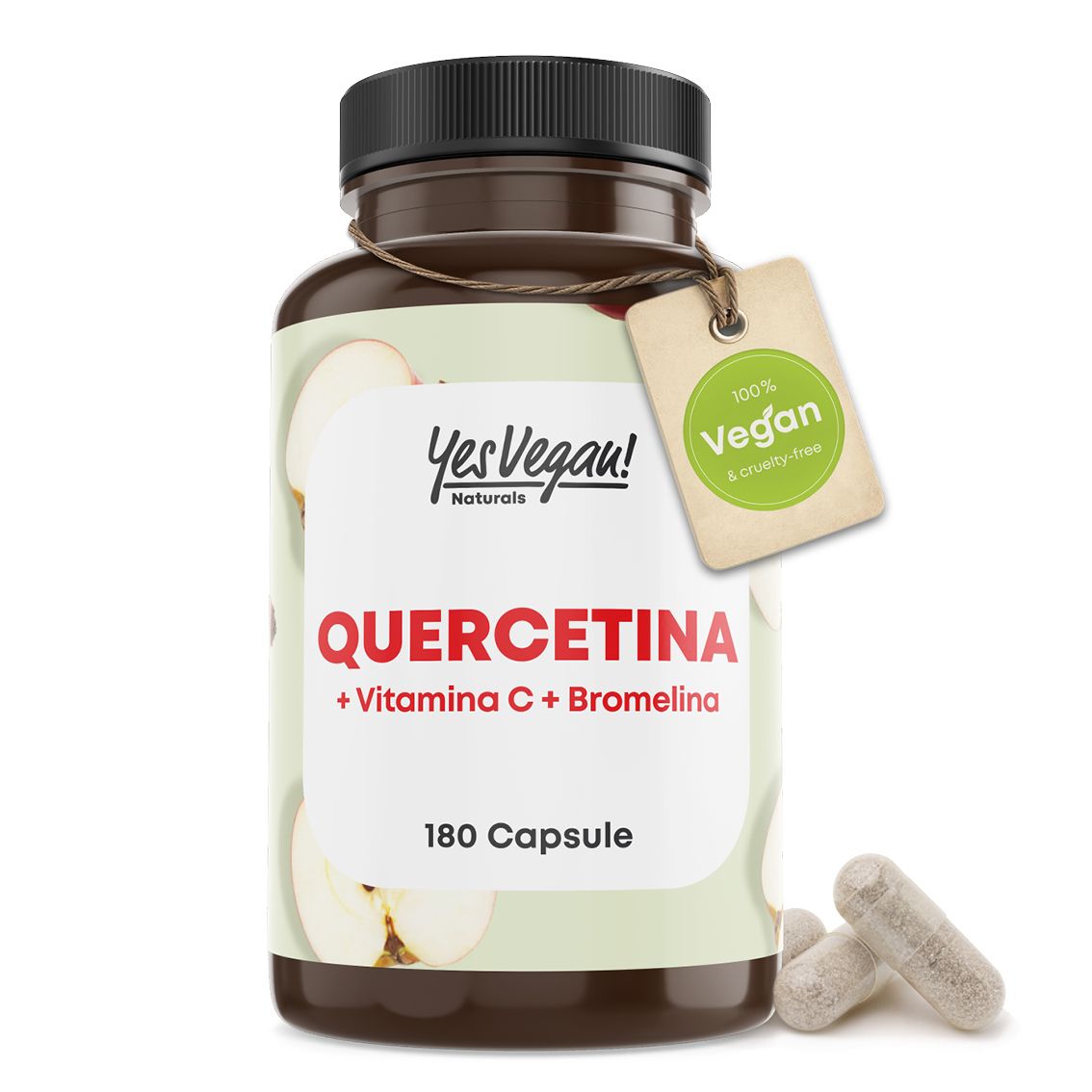Flacone da 180 capsule di Quercetina + Vitamina C + Bromelina, con sigillo.