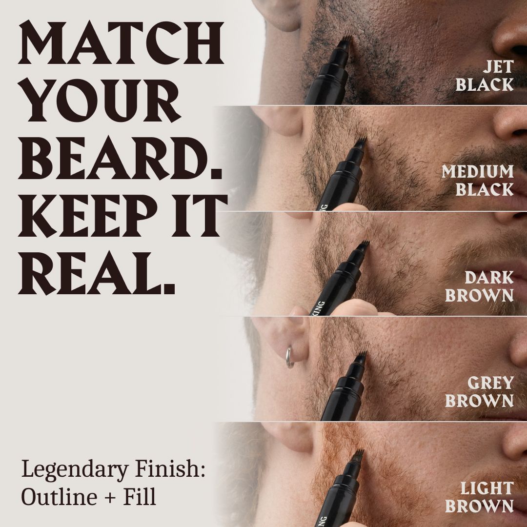 Applicazione di riempitivi per barba in vari colori su barbe. Testo: "Match Your Beard. Keep It Real."
