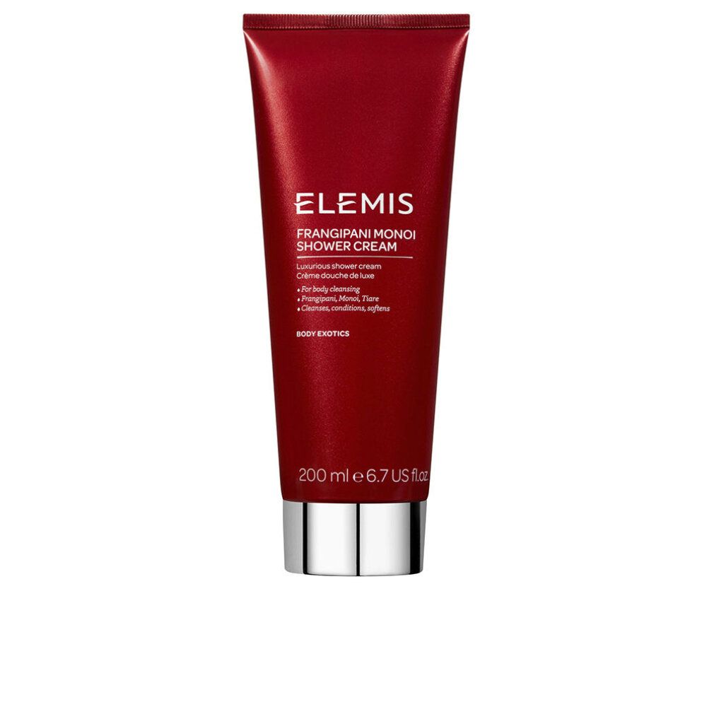 Tubo rosso con tappo argentato. Scritta: Elemis Frangipani Monoi Shower Cream. Testo sottostante.