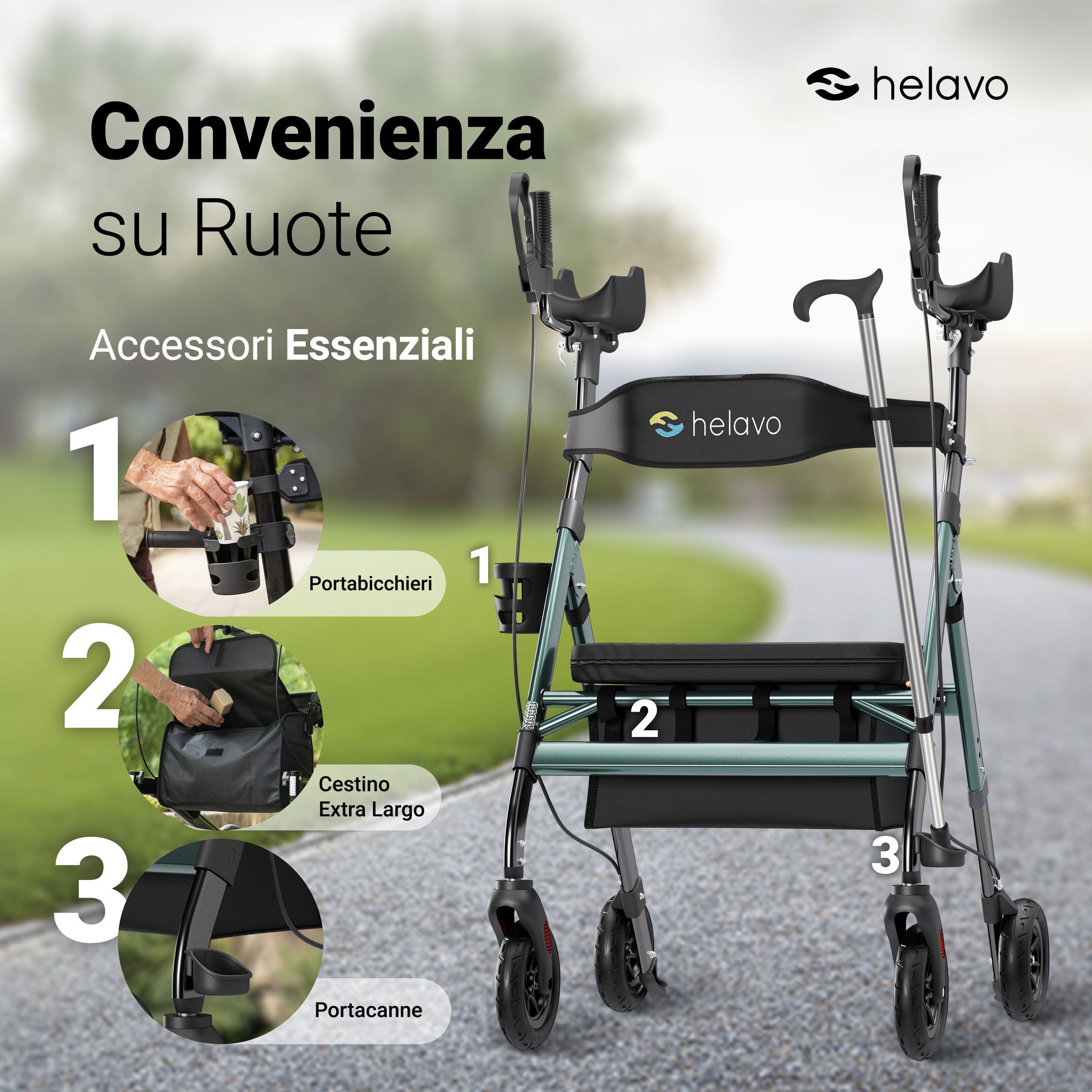 Rollator con portabicchieri, cestino grande e porta bastone.