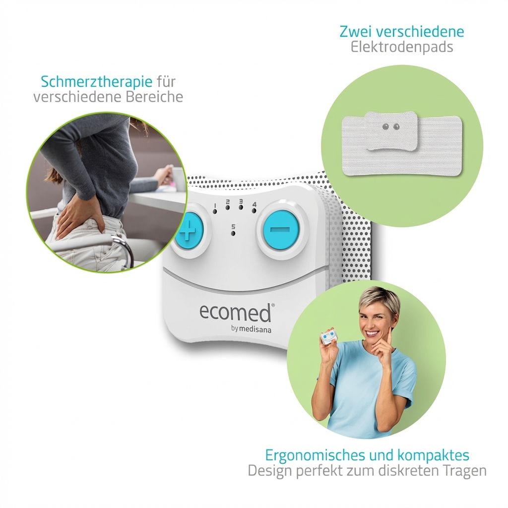 Dispositivo TENS Ecomed by medisana con due elettrodi, illustrazione terapia del dolore e donna con dispositivo.