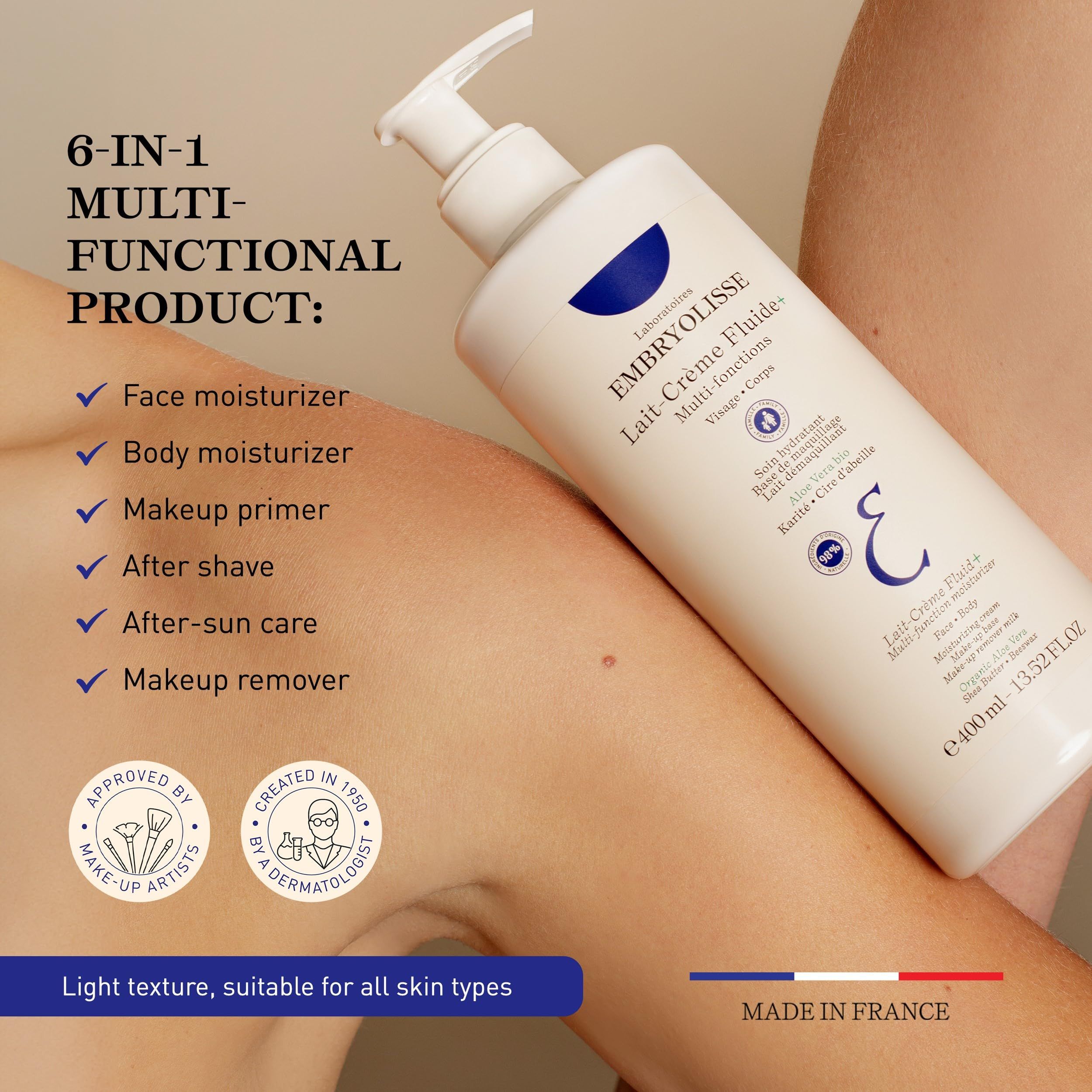 Embryolisse Lait-Crème Fluide in flacone bianco con erogatore a pompa, 400ml.