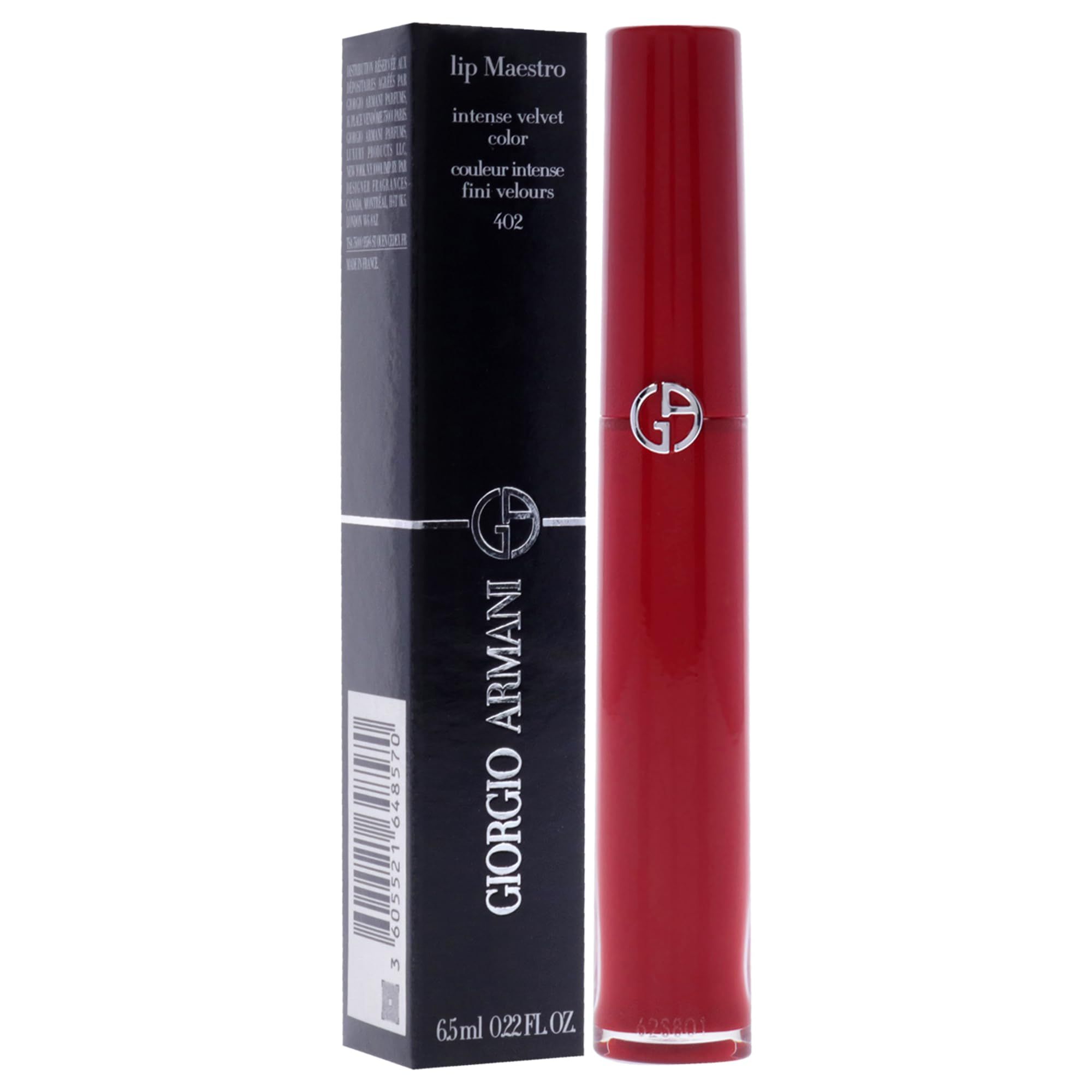 Rossetto rosso e confezione nera. Sulla confezione sono presenti le scritte "Giorgio Armani" e "lip maestro intense velvet color".