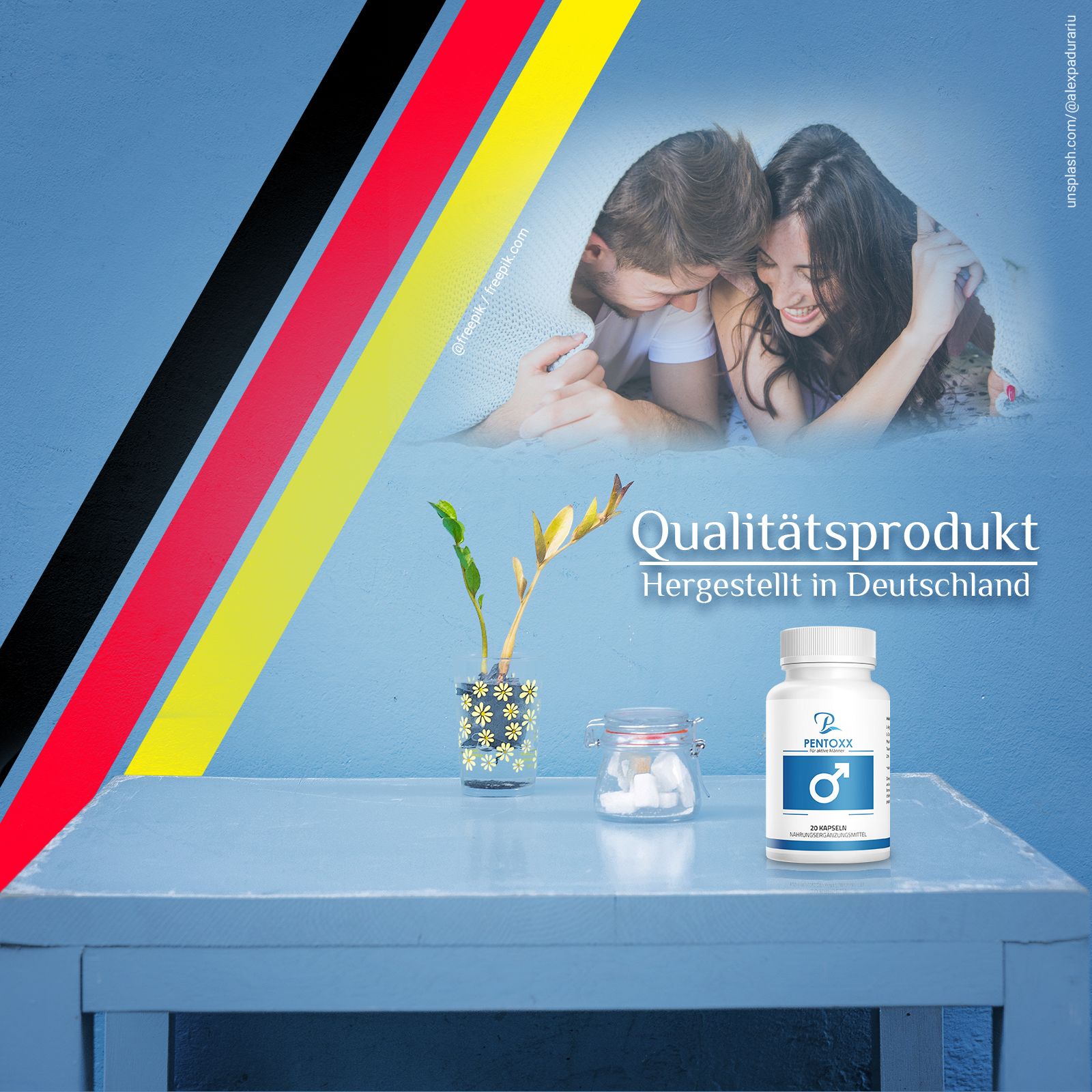 Flacone PENTOXX. Scritta: 20 capsule. Integratore alimentare. Immagine di coppie. Testo: Prodotto di qualità, prodotto in Germania.