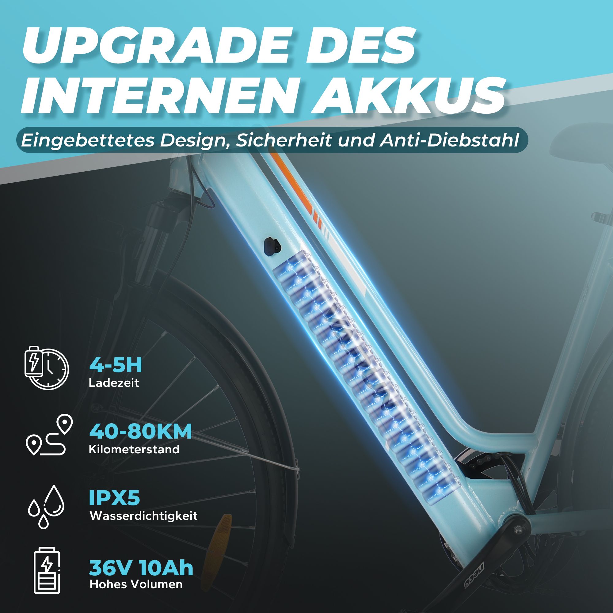 E-bike azzurra con batteria integrata. Testo: Tempo di ricarica 4-5H, autonomia 40-80KM, impermeabilità IPX5, 36V 10Ah.