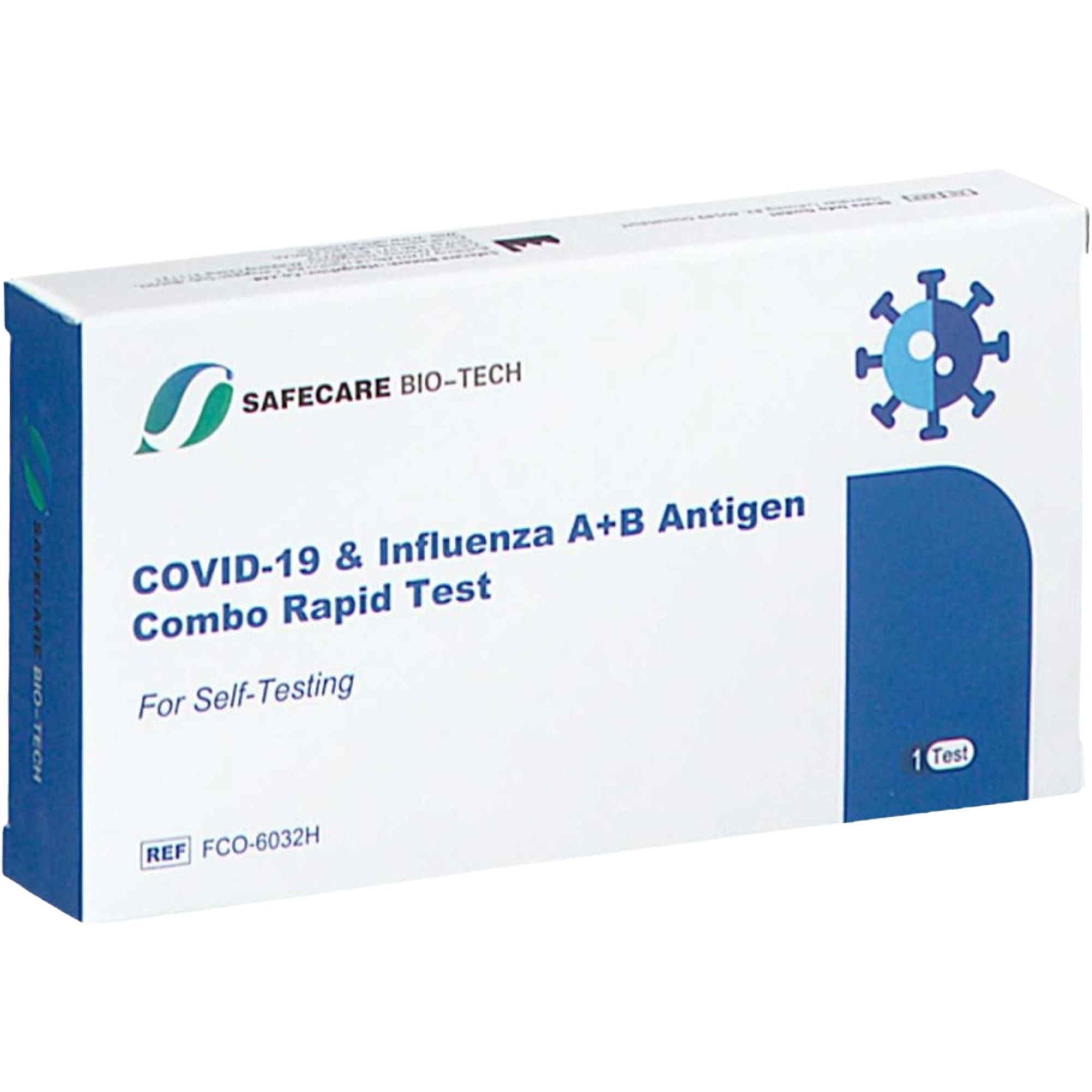 Safecare Bio-Tech COVID-19 & Influenza A+B Antigen Combo Rapid Test scatola, per autotest.
