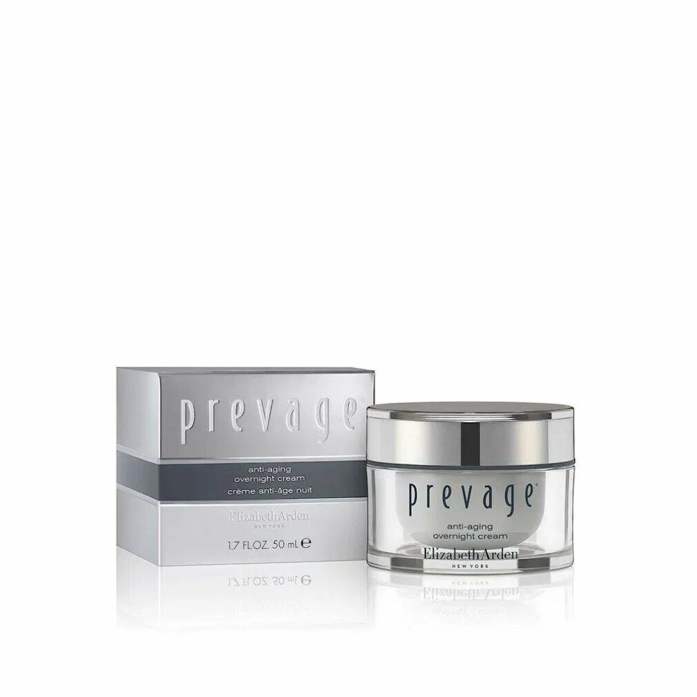 Vaso e scatola di crema. Scritta: Prevage Anti-Aging Overnight Cream. Marchio: Elizabeth Arden.