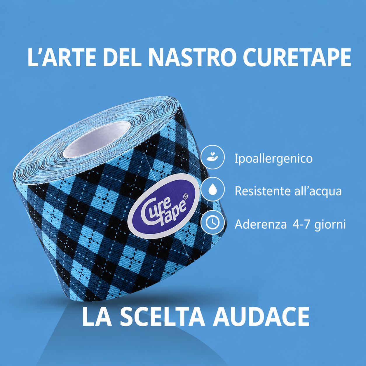 Kinesio tape con motivo tartan, applicato su un ginocchio, vista frontale.
