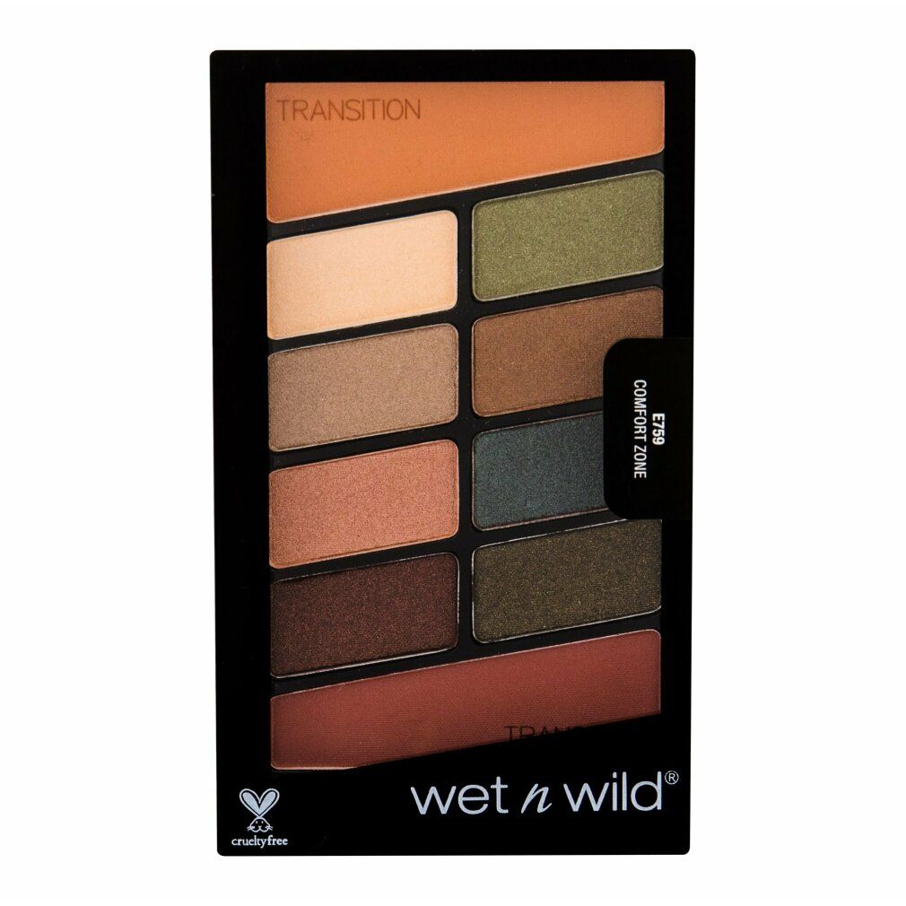 Palette ombretti nera con 10 colori. Contiene tonalità dal beige al marrone e verde. Marchio: wet n wild. Con logo Cruelty-Free.