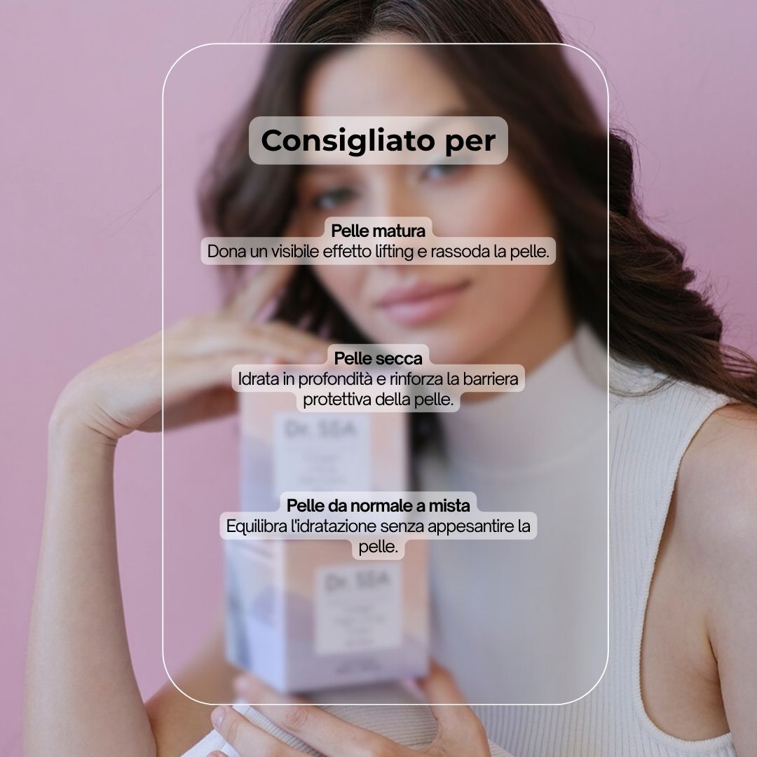 Donna con confezione di crema. Testo: Consigliato per: pelli mature, secche, da normali a miste. Nome prodotto: Dr. SEA.