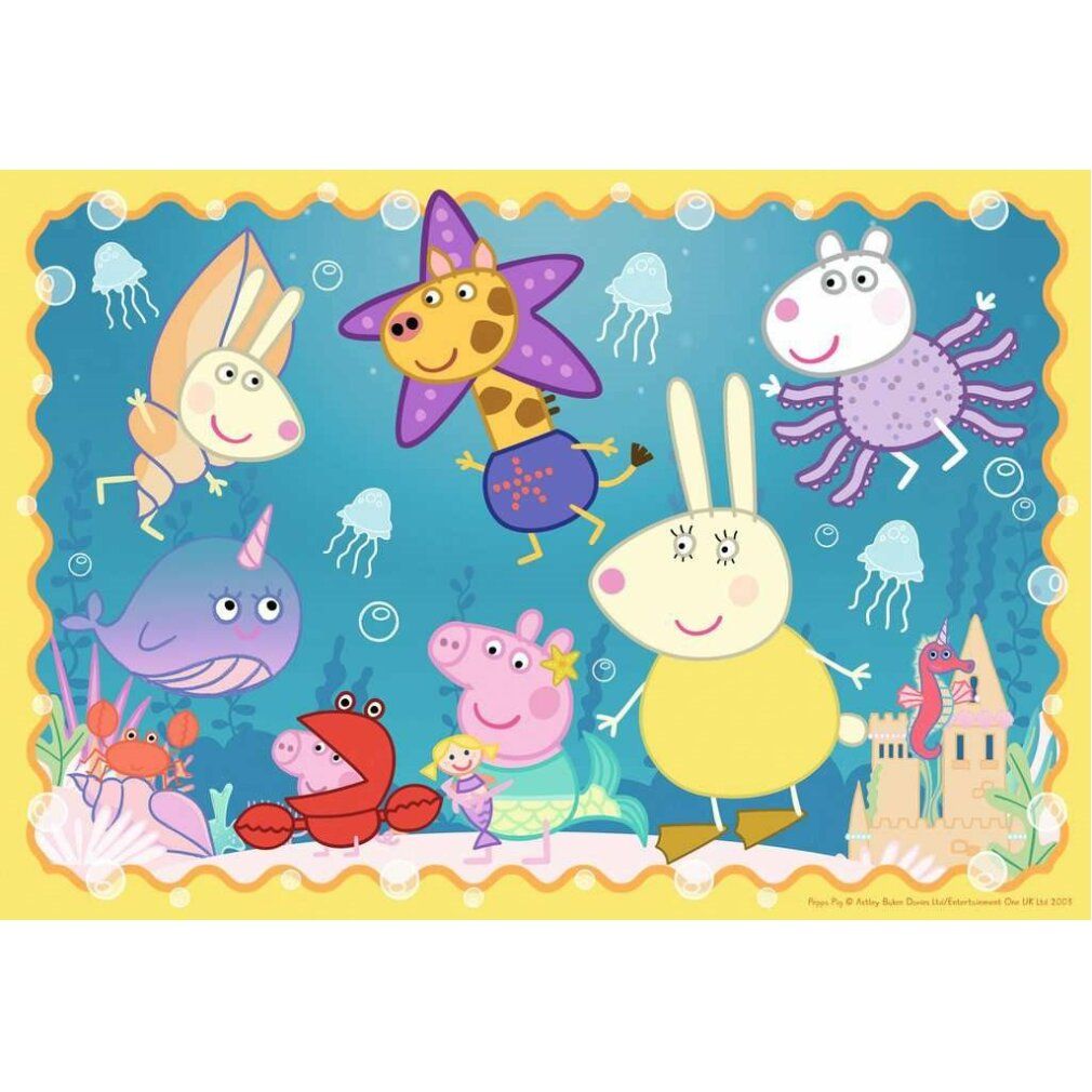 Puzzle di Peppa Pig con personaggi marini. Personaggi: coniglio, giraffa, medusa, balena, granchio, Peppa Pig. Sfondo giallo con bolle.