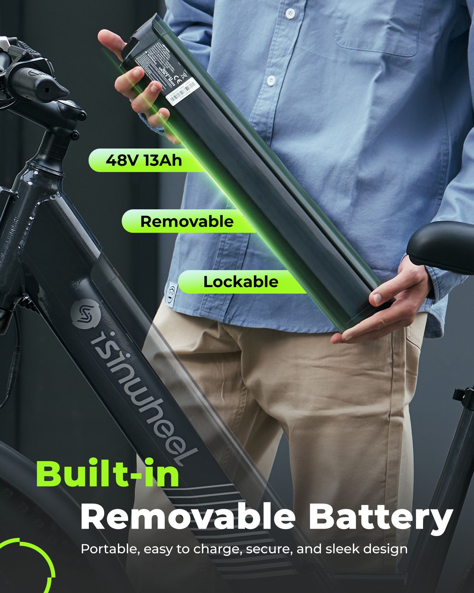 Persona tiene una batteria rimovibile da 48V 13Ah. Testo: Built-in Removable Battery, Removable, Lockable.
