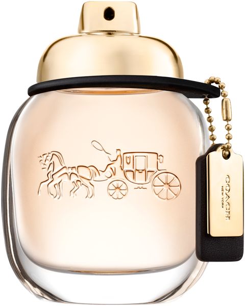 Flacone di profumo con tappo e ciondolo dorati. Logo Coach e motivo carrozza sul vetro.