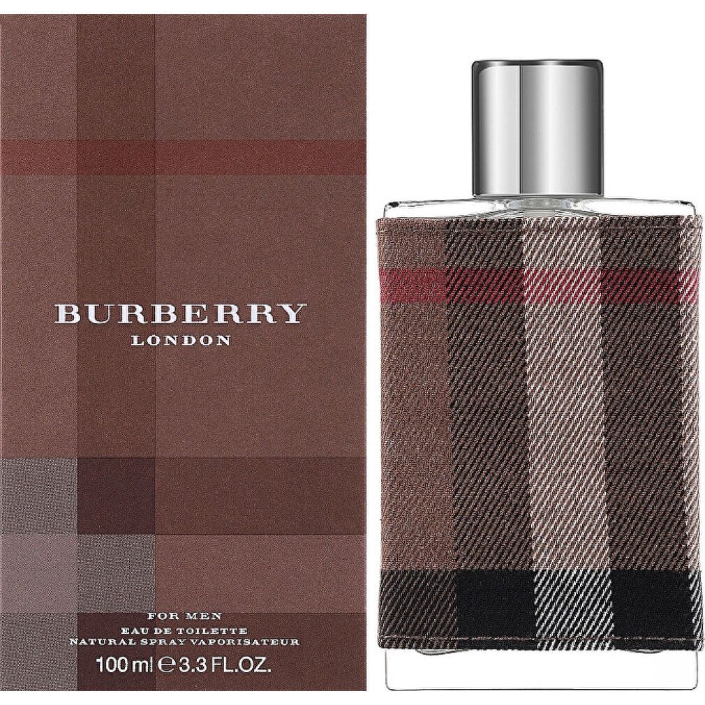 Burberry London Eau de Toilette per uomo. Flacone e confezione con motivo scozzese. Nome del prodotto e dettagli visibili.