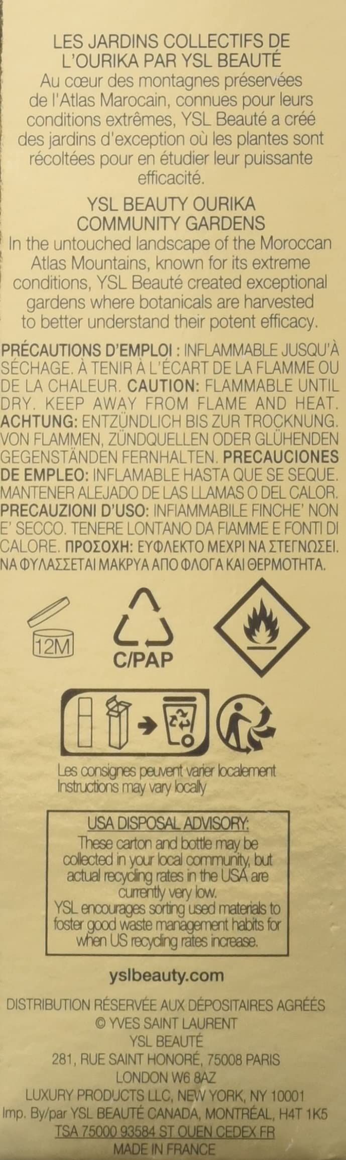 Confezione di Yves Saint Laurent Fondotinta per Tutte le Ore MN10. Testo sugli ingredienti e il riciclaggio.