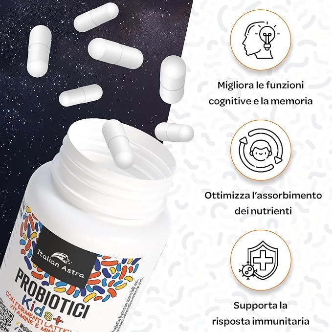 Capsule bianche e un flacone. Scritta: PROBIOTICI Kids+. Marchio: Italian Astra. Illustrazioni: cervello, nutrienti, immunità.