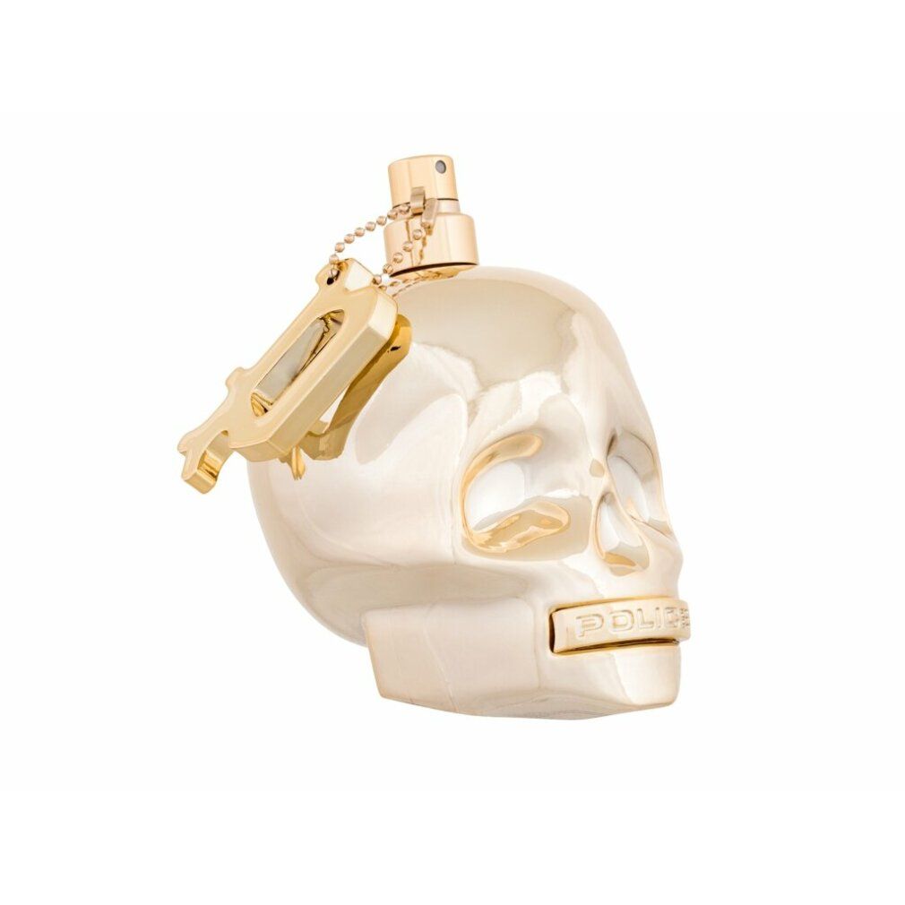 Flacone dorato a forma di teschio. Con vaporizzatore e ciondolo. Scritta: POLICE.