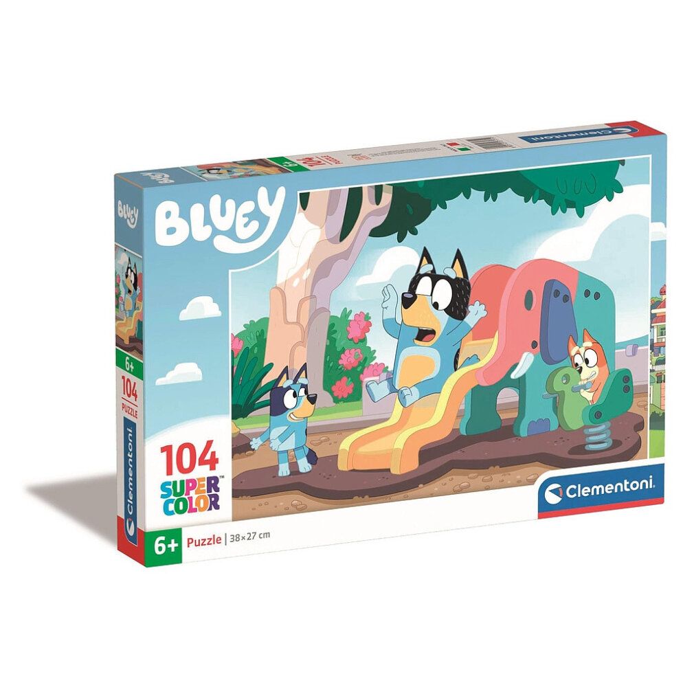 Puzzle Clementoni, 104 pezzi, motivo Bluey. Confezione mostra il puzzle completo. Età 6+. Dimensioni: 28x27 cm.