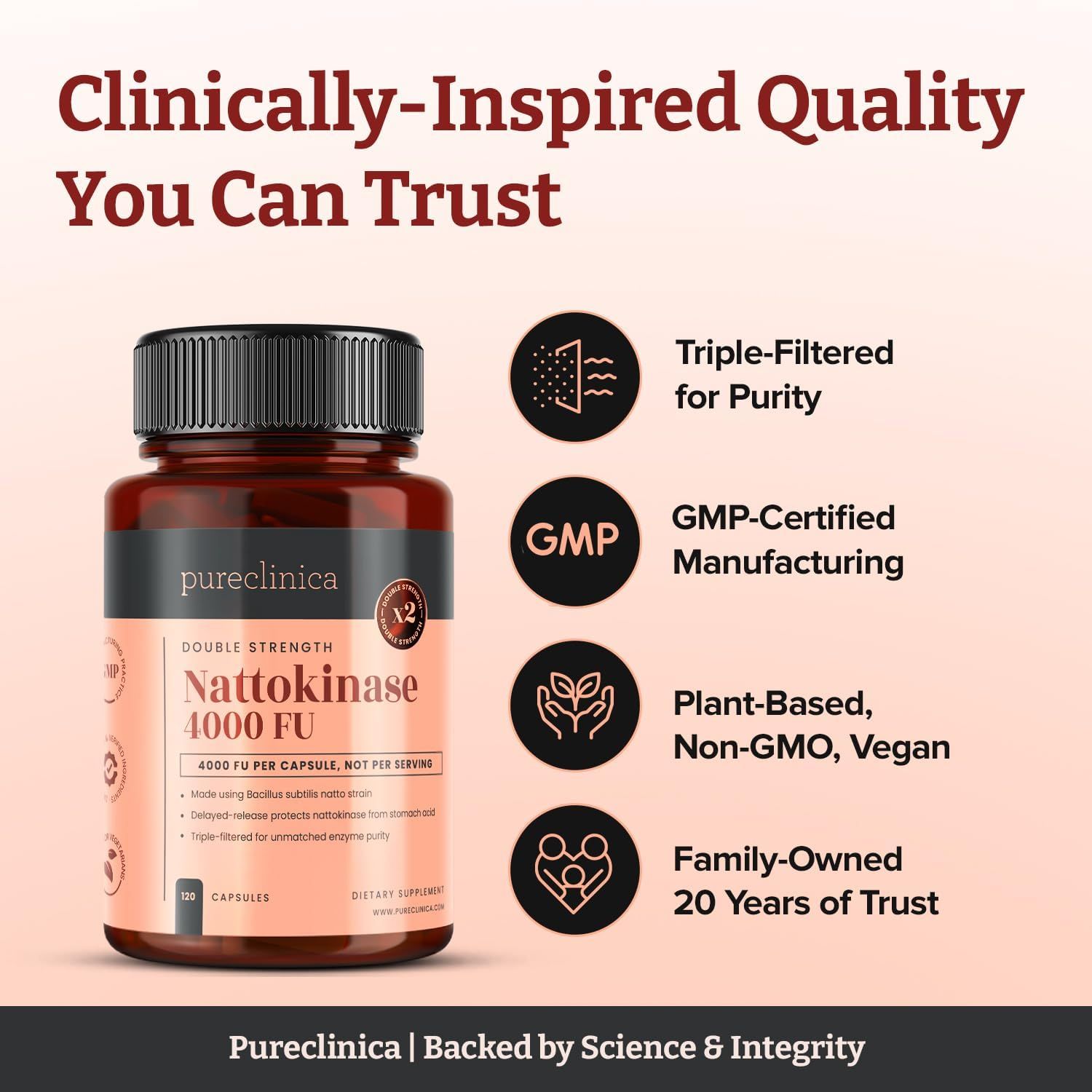 Flacone marrone di capsule di nattokinase. Certificato GMP, vegano e informazioni sulla produzione. 120 capsule.