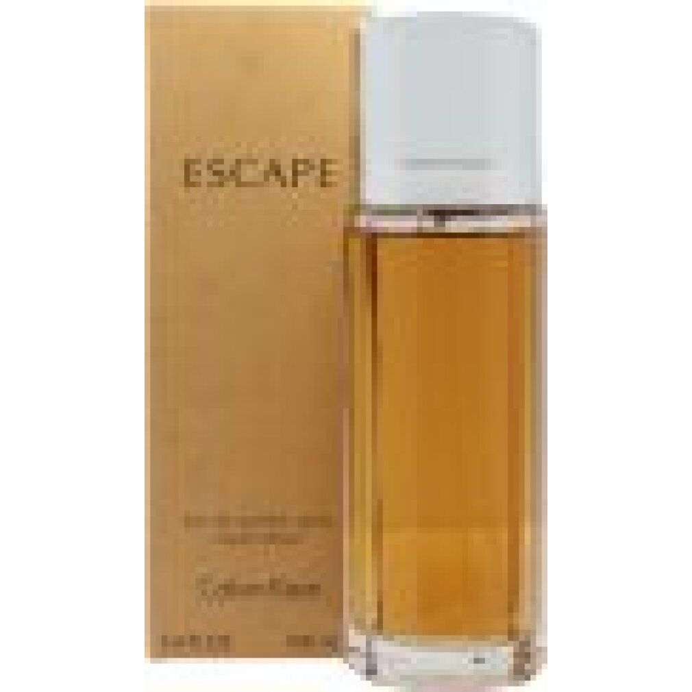 Flacone di profumo e confezione. Flacone con tappo bianco, liquido dorato. Confezione con scritta "ESCAPE".