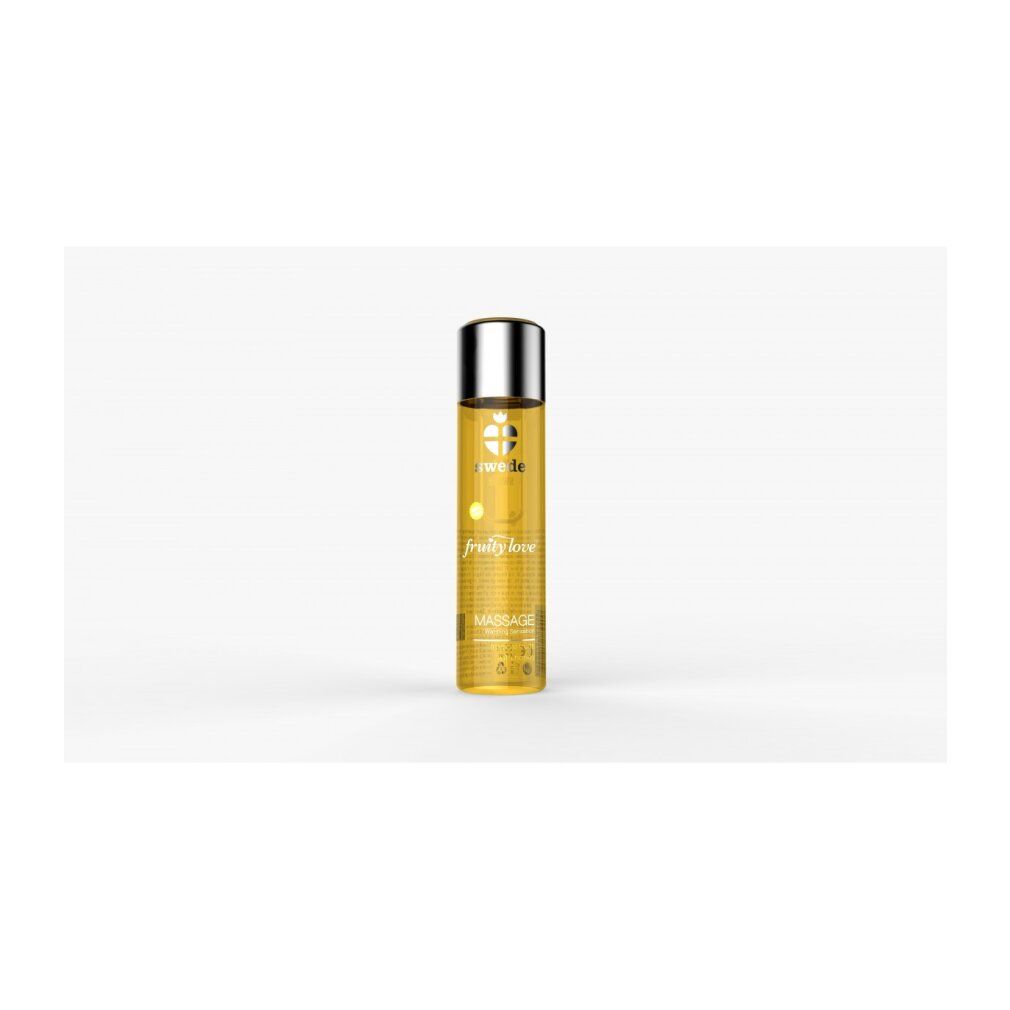 Flacone cilindrico con tappo argentato. Scritta: Swede, Fruity Love, Massage.